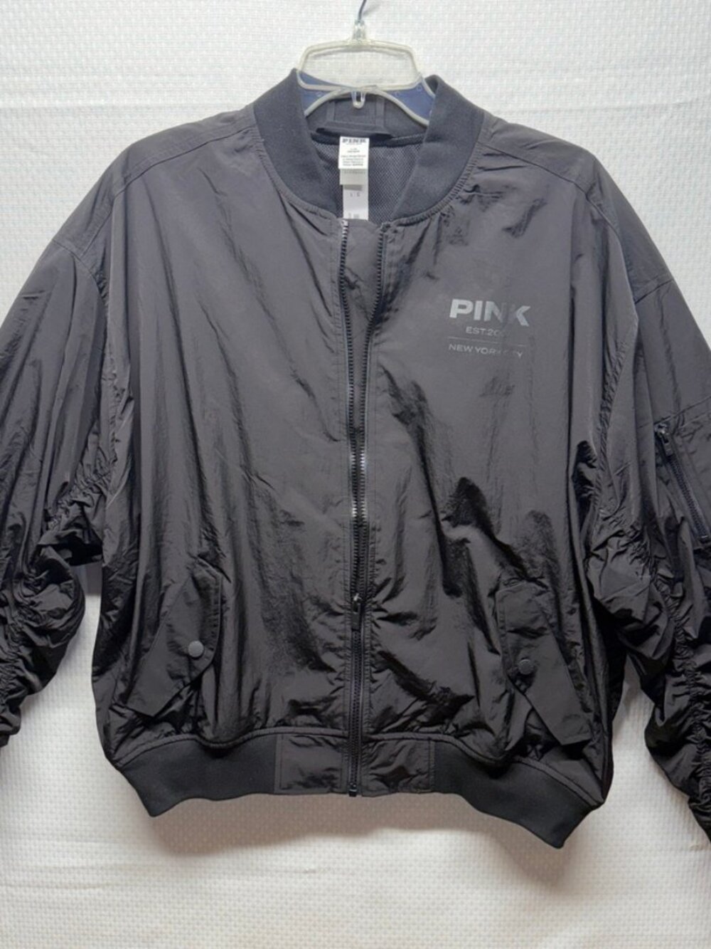 NWT VICTORIA'S SECRET PINK Black Bomber Jacket Large Flight MA-1 Style Military